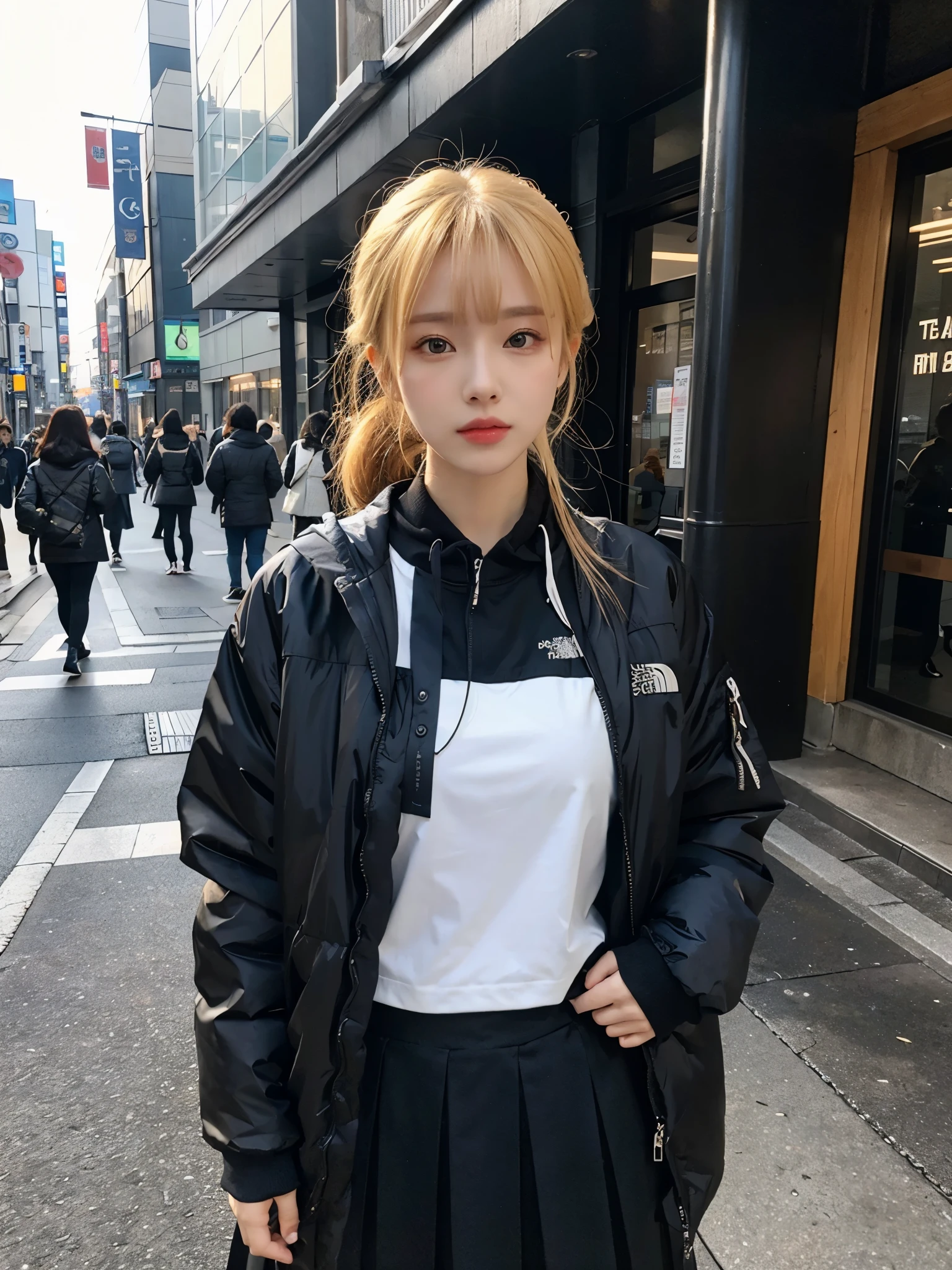 full body,// Bewitching eyes, well-balanced eyes, //street snap //wearing north face Down jacket and mesh shirt and long skirt, //breast focus, ((facing viewer)), //at the street in tokyo, //japanese lady, pale skin, half updo,//droopy eyes,//yellow hair, blunt bangs,//((standing)), high quality:1.3, Professional lighting:2.0 realistic:1.2, 4k resolution, detailed skin, masterpiece:1.1