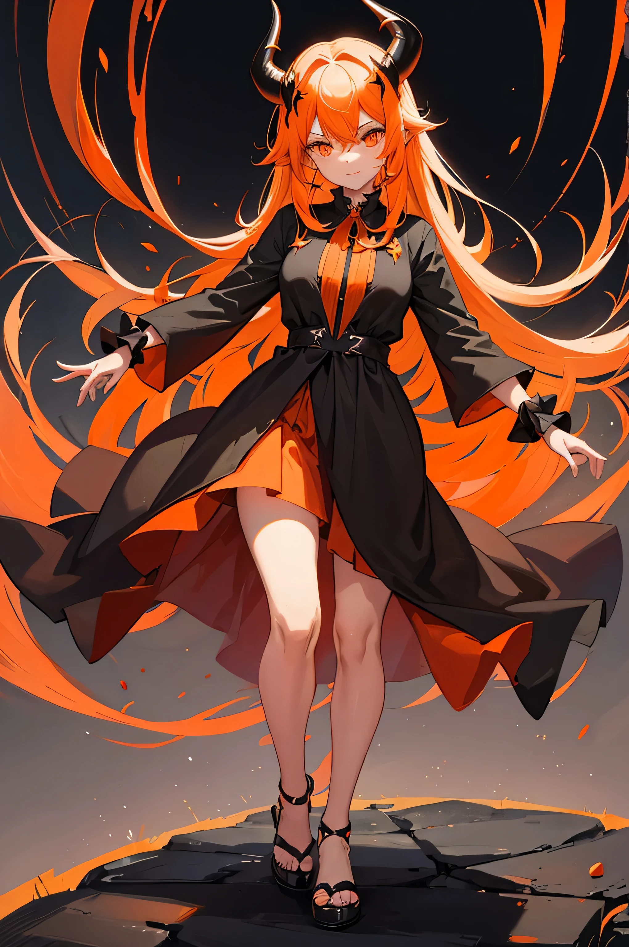 A Devil sorceress girl with glowing orange devil horns, having some orange ambient effects, with black and orange accents. wearing long black and orange robes .Dynamic evil pose