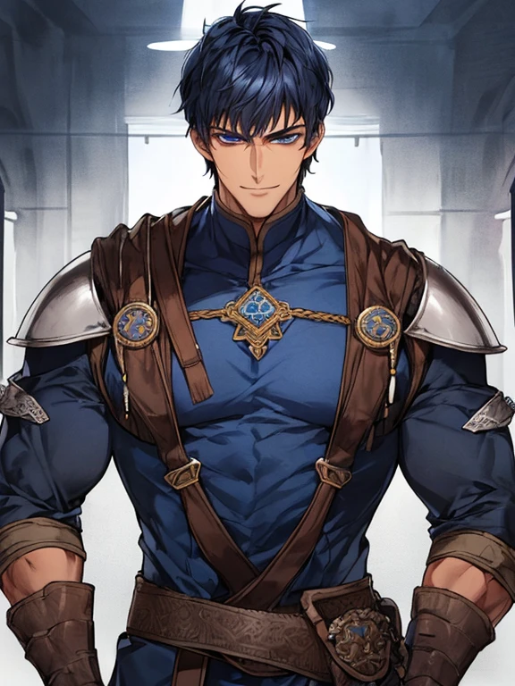 ((muste piece)), ((best quality)), ((brown skin)), ((dark blue eyes)), ((Dark blue hair))、handsome man , ((very very short hair)), masculine、tall、sexy、Adult man、Three white eyes、handsome man、firmly、muscular、broad shoulders、smile、wild、とてもwild、(((warrior)))、Daiki Aomine、Upper body