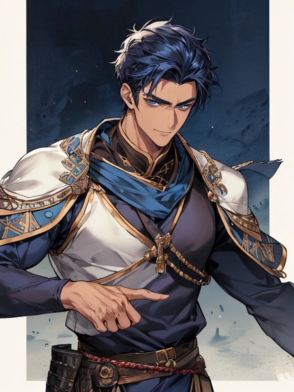 ((muste piece)), ((best quality)), ((brown skin)), ((dark blue eyes)), ((Dark blue hair))、handsome man , ((very very short hair)), masculine、tall、sexy、Adult man、Three white eyes、handsome man、firmly、muscular、broad shoulders、smile、wild、とてもwild、(((warrior)))、Upper body