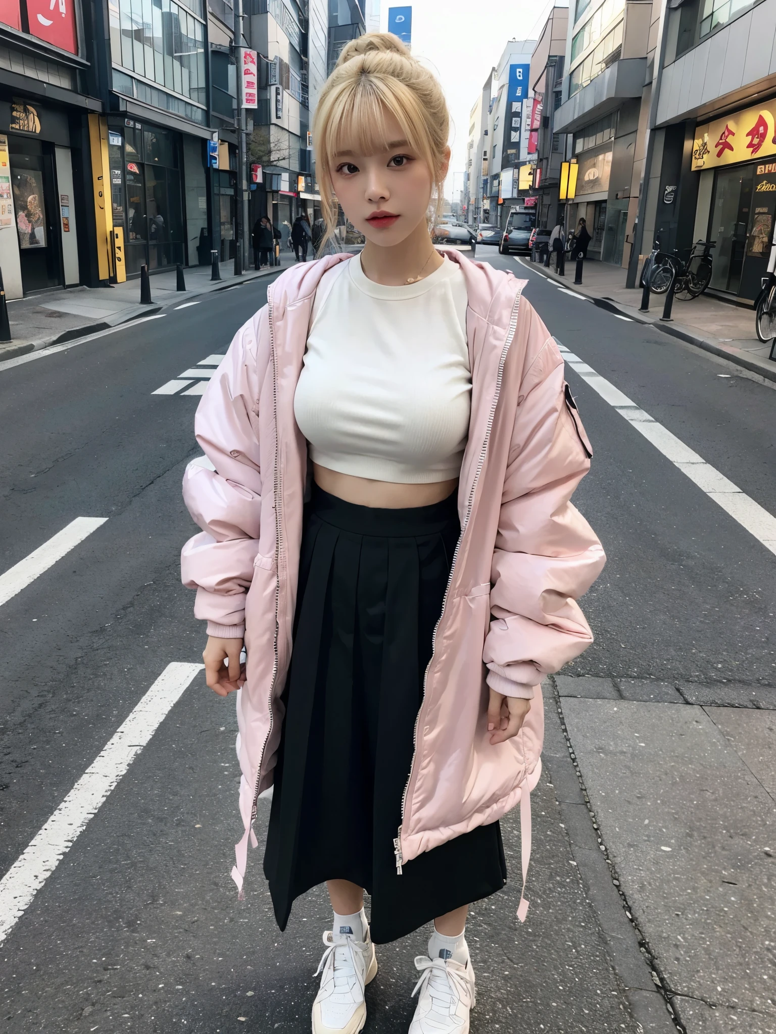 full body,// Bewitching eyes, well-balanced eyes, //street snap //wearing north face pink Down-jacket and mesh shirt and long skirt, //breast focus, ((facing viewer)), //at the street in tokyo, //japanese lady, pale skin, half updo,//droopy eyes,//yellow hair, blunt bangs,//((standing)), high quality:1.3, Professional lighting:2.0 realistic:1.2, 4k resolution, detailed skin, masterpiece:1.1