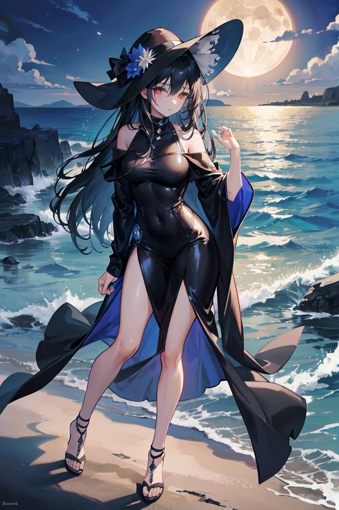 A latina girl, dressed in sleek black attire, stands gracefully on the sandy beach, bathed in the ethereal glow of the moonlit night sky. The rhythmic crashing of the waves against the shore creates a soothing soundtrack, while the distant howling of wolves adds an enchanting and enigmatic element to the scene. Clasped delicately in the girl's hand is a kerosene lamp, its warm flame casting elongated and dramatic shadows across the surrounding landscape. Her visage is a tapestry of mystery and allure, her expressions hinting at secrets untold. This alluring and seductive image is an absolute testament to perfection, boasting an astonishing 4k or 8k resolution, ensuring a breathtaking visual experience. The