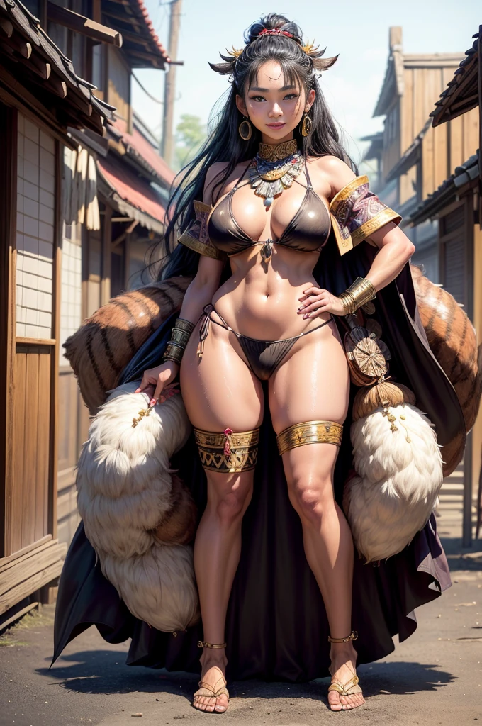((maximum quality, full body, hyper-realistic, 16k, high definition, detailed detailed piece)) master piece, a beautiful young indigenous Japanese woman, Ainu, black hair, very hot, horny, full lips, thick thighs, beautiful breasts legull, sweaty, Beautiful eyes, loose hair, wears a bandana on her forehead, Earrings, wears a top made of animal skin, wears a small cape made of animal skin, wears a tribal bikini made of animal skin, barefoot, is standing next to a spice stall, observing, smiling (showing teeth) with a very happy and sweet face, in bustling, ancient feudal Tokyo ((super-detailed background, varied poses and angles)).
