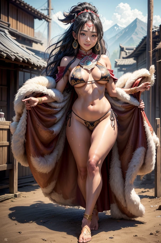 ((maximum quality, full body, hyper-realistic, 16k, high definition, detailed detailed piece)) master piece, a beautiful young indigenous Japanese woman, Ainu, black hair, very hot, horny, full lips, thick thighs, beautiful breasts legull, sweaty, Beautiful eyes, loose hair, wears a bandana on her forehead, Earrings, wears a top made of animal skin, wears a small cape made of animal skin, wears a tribal bikini made of animal skin, barefoot, is standing next to a spice stall, observing, smiling (showing teeth) with a very happy and sweet face, in bustling, ancient feudal Tokyo ((super-detailed background, varied poses and angles)).