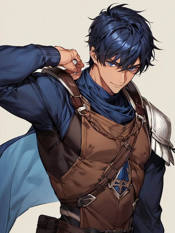 ((muste piece)), ((best quality)), ((brown skin)), ((dark blue eyes)), ((Dark blue hair))、handsome man , ((very very short hair)), masculine、tall、sexy、Adult man、Three white eyes、handsome man、firmly、muscular、broad shoulders、smile、wild、とてもwild、(((warrior)))、Upper body