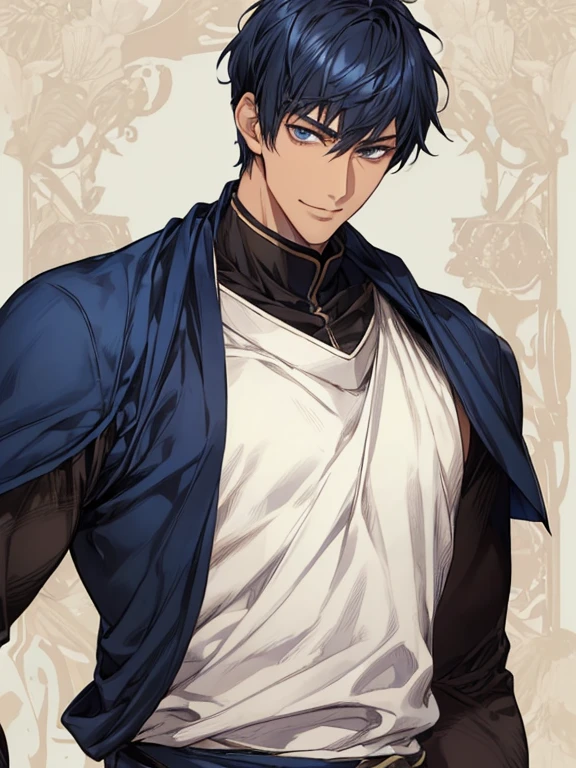((muste piece)), ((best quality)), ((brown skin)), ((dark blue eyes)), ((Dark blue hair))、handsome man , ((very very short hair)), masculine、tall、sexy、Adult man、Three white eyes、handsome man、firmly、muscular、broad shoulders、smile、wild、とてもwild、(((warrior)))、Upper body、Daiki Aomine