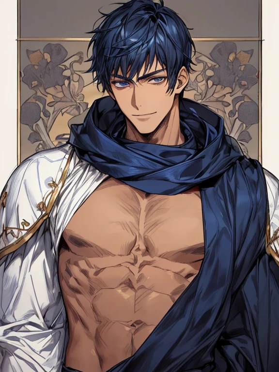 ((muste piece)), ((best quality)), ((brown skin)), ((dark blue eyes)), ((Dark blue hair))、handsome man , ((very very short hair)), masculine、tall、sexy、Adult man、Three white eyes、handsome man、firmly、muscular、broad shoulders、smile、wild、とてもwild、(((warrior)))、Upper body、Daiki Aomine