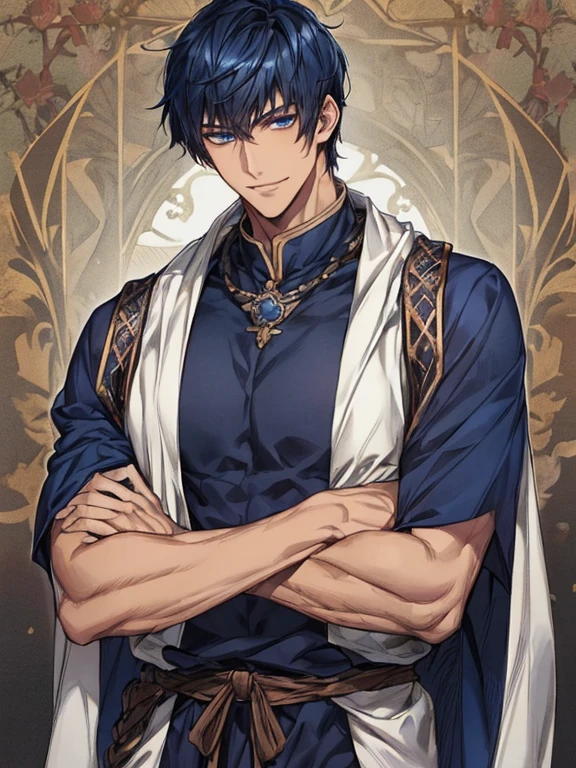((muste piece)), ((best quality)), ((brown skin)), ((dark blue eyes)), ((Dark blue hair))、handsome man , ((very very short hair)), masculine、tall、sexy、Adult man、Three white eyes、handsome man、firmly、muscular、broad shoulders、smile、wild、とてもwild、(((warrior)))、Upper body、Daiki Aomine