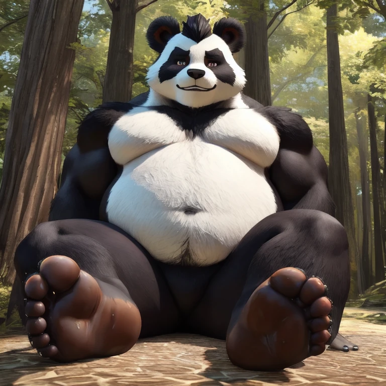 3D renderings、adult male、male、SOLO、World of Warcraft male pandaren、Stormstout Chen、full body pictures、fat、muscle、Delicate face、Delicate eyes、Delicate soles、Delicate soles、lifelike、masterpiece、Highest quality、Unreal Engine、Intricate and detailed、high detail、realism、lifelike、sitting position、hairy、Expressiveness、dad bod、fat soles、wild in the forest,leaning against tree,lift your right foot、The sole of your right foot faces the audience、The bottom of the sole of the foot is covered with sticky honey、Feet covered with honey、The skin on the soles of the feet is stained with honey