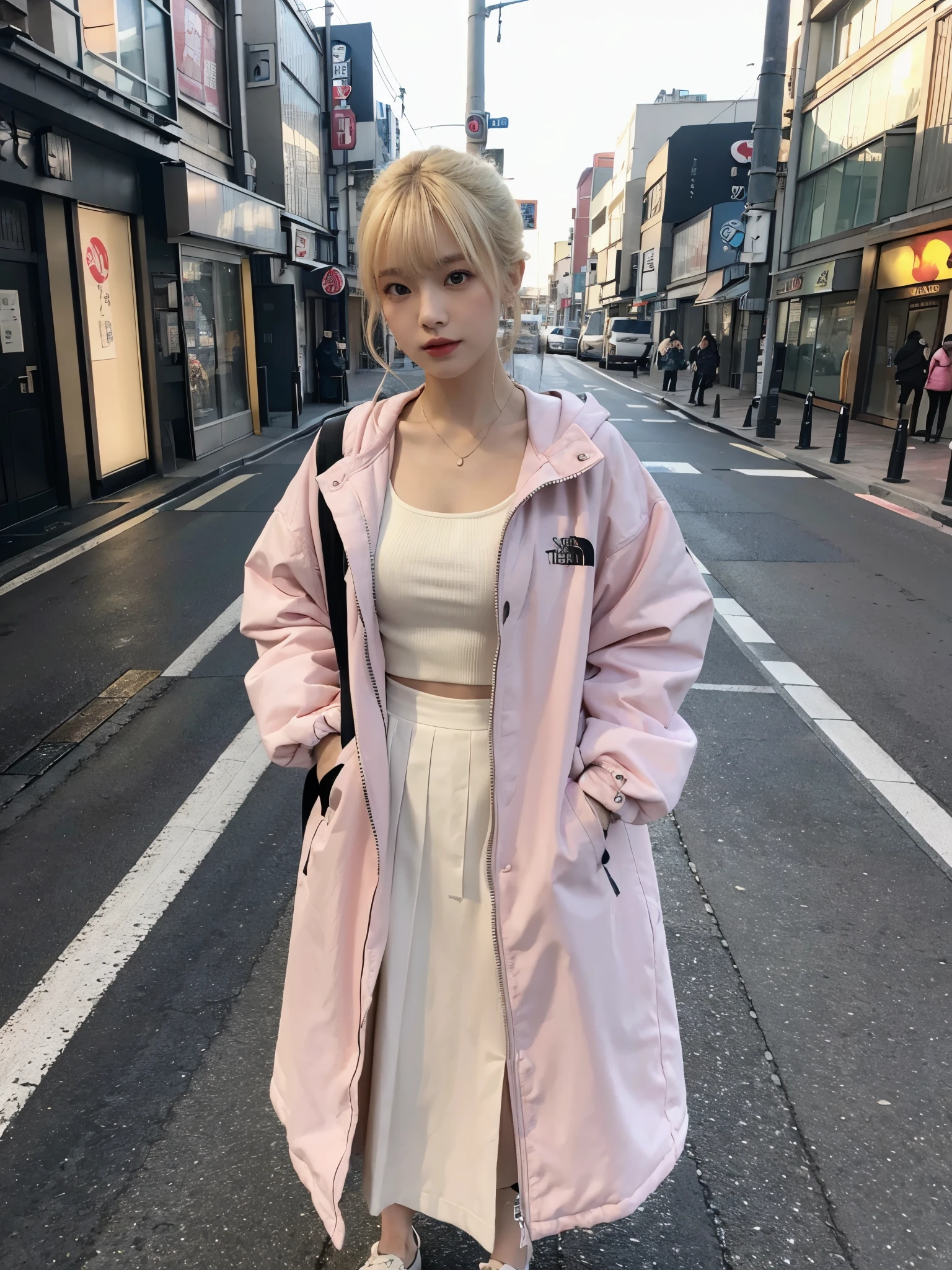 full body,// Bewitching eyes, well-balanced eyes, //street snap //wearing north face pink Down-jacket and long skirt, //breast focus, ((facing viewer)), //at the street in tokyo, //japanese lady, pale skin, half updo,//droopy eyes,//yellow hair, blunt bangs,//((standing)), high quality:1.3, Professional lighting:2.0 realistic:1.2, 4k resolution, detailed skin, masterpiece:1.1