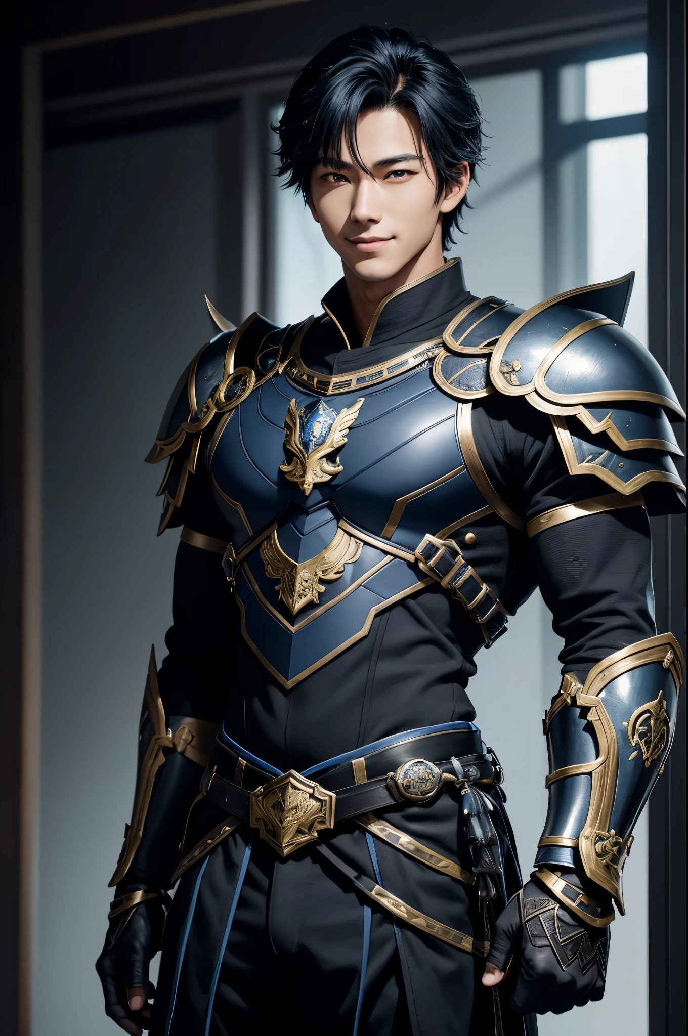 8K,black wolf hair boy,Japanese super handsome(like the real thing),wild boy,black and blue armor(Precise workmanship of the hero&#39;s emblem),luxury black and blue pants,blue and black shoulder armor,blue and black waist armor,blue and black leg armor,muscular slender body,ultra high resolution,super realistic skin,Handsome boy,18 year old boy,Big eyes,A boy who looks good with a smile,Magical power overflowing from the body,Luxury belts(Delicate workmanship),tanned skin,shout,battle scene,action scene,action pose,roar,Holds the long and large holy sword Excalibur.,The background is in front of the large castle gate.,
