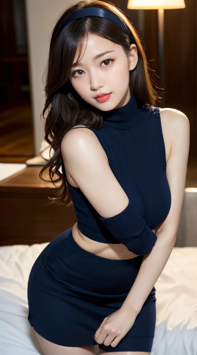 (((オフィスレディ、OL、office lady、formal clothes,navy  knit、high neck knit)))、(((horseshoe-shaped hairband)))、formal ,vivid color panty,high heel、(((full body,including legs)))、Dressed up、(Photo real:1.4)、(A hyper-realistic:1.4)、(Photorealistic:1.3)、 (gentle lighting: 1.05)、(Improve the lighting quality of your video:0.9)、32k、 1Girl、28years old girl、photorealistic lighting、Back lighting、Facial Lights、Ray Trace、(bright:1.2)、(Increase quality:1.4)、 (best quality real texture skin)、Fair eyes,Delicate and delicate face, Close-up of the face, navy knit,very tight knit ,high neck knit,sleeveless knit,no-sleeve knit,((navy knit [see-through knit:1.5], {stands out nipples,covered nipples})),navy pencil skirt ,navy tight skirt, (Bodyline mood improvement:1.1)、Glossy skin、wavy hair,韓国アイドル、乃木坂アイドル、Sculptural Idol Pose、little smile,blush,Beautiful actress、Neat woman,whole body, (((small breasts))),(perfect row of teeth),slender waist and hip,beautiful long legs,(full shot)、((8heads tall)、(((誘惑している、恥ずかしい)))、dynamic pose,gravure pose,(eye shadow),((red cheek、red lips)),Super Clean Night View、night time、blush,little smile,(((full shot)))、a little open the legs apart、sitting down on the desk,(((in the luxury night office)))