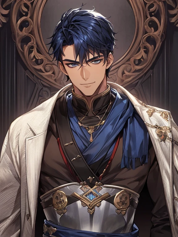 ((muste piece)), ((best quality)), ((brown skin)), ((dark blue eyes)), ((Dark blue hair))、handsome man , ((very very short hair)), masculine、tall、sexy、Adult man、Three white eyes、handsome man、firmly、muscular、broad shoulders、smile、wild、とてもwild、(((warrior)))、Upper body、