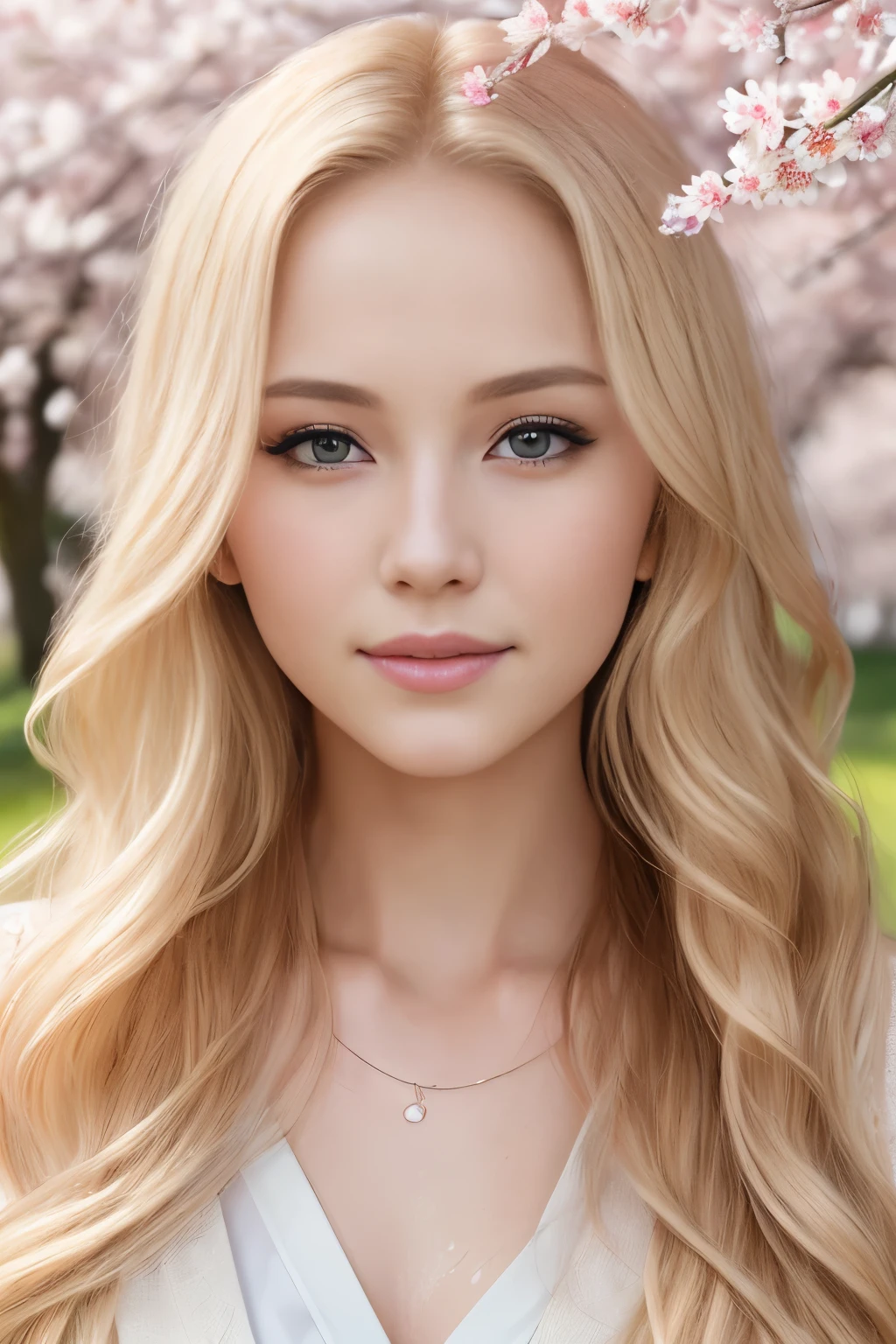 Photo of a blonde girl, raw, Beautiful woman, (Long, wavy blonde hair), ((Portrait)), ((Detailed face:1.2)), ((detailed facial features)), (finely detailed skin), pale skin, Surrounded by cherry blossom trees, Outdoor environment, Standing, ((Soft light)), (wet, dewy), Reflectors, (ultra realistic), (masutepiece) (perfectly proportions) (photos realistic) (Best Quality) (Detailed) photographed in a Canon EOS R5, 85mm Lens, F/2.2, nffsw, (8K) (Wallpaper)