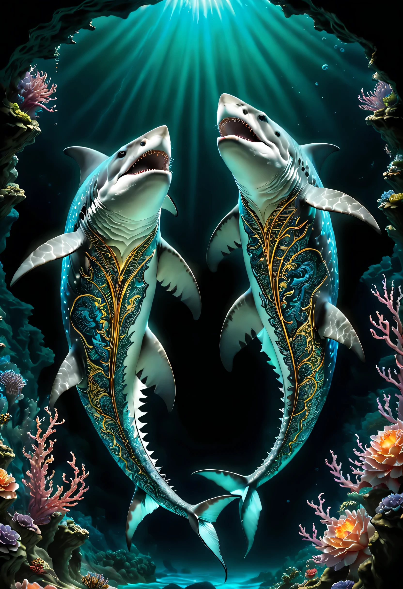 art by mooncryptowow, 
Two ancient, graceful sharks gracefully glide towards each other in the abyssal depths of the ocean. Their silhouettes, shimmering with an ethereal, bioluminescent glow, illuminate the darkness, revealing intricate, symmetrical patterns adorning their bodies. The scene unfolds with breathtaking realism and exquisite attention to detail, as the larger female displays a dazzling, vibrant glow, enticing the male to complete their sacred mating ritual.