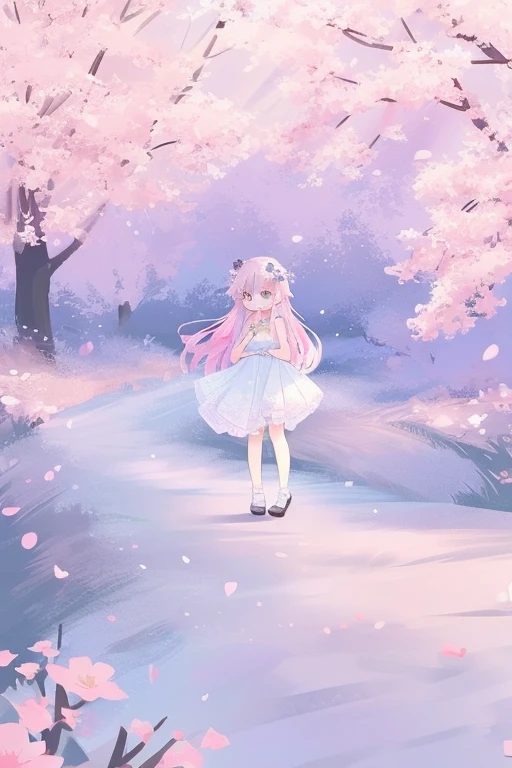 (little girl:1.5),lace,ribbon,(masterpiece, 侧Light, Delicate and beautiful gray eyes: 1.2), Medium chest, actual, 发Light的眼睛,shiny hair,pink hair,long hair, 有Light泽的皮肤, alone, Awkward,Strapless,Beautifully,prettify,garden,flowers,flying petals, Light腿, Cherry blossoms, Light, composition, Rich expressions