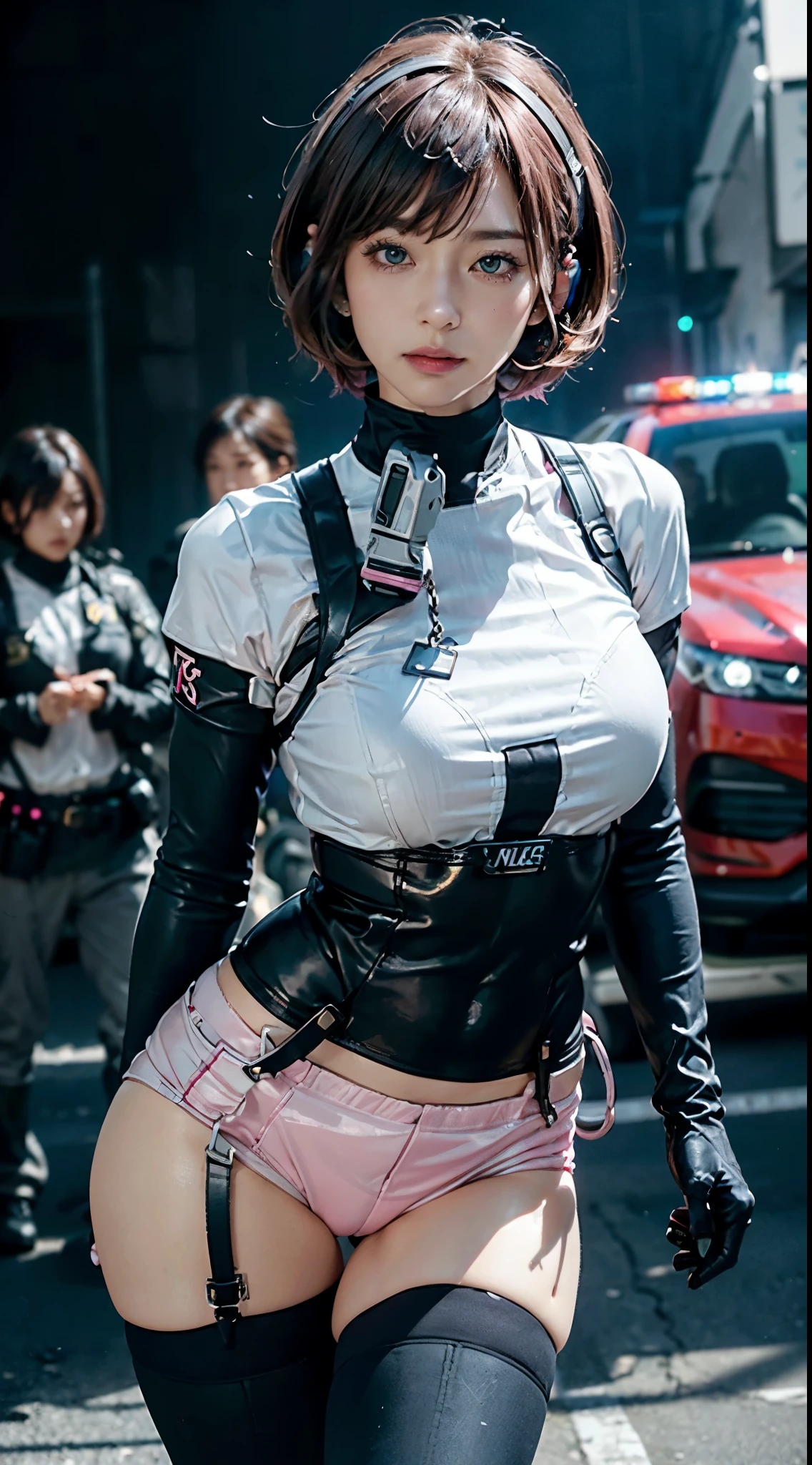 Top Quality, Ultra High Definition, (backlight), (Photorealistic: 1.4), (cowboy shot:1), 1 Beautiful Girl, (Kpop Idol), Detailed Face, (Hair Style: Pink:1, fullbang, shortbob-style:1), Contrapposto, Perfect Anatomy, , Professional Lighting, ((wearing Futuristic Police Racing Suits, police wappen, High-tech Headset, military harness, racing gloves, handgun)), outside honey bob hairstyle, ("POLICE", Cloths colors based on silver pink black white), (background, crashed cars, fire, (Explosion)),