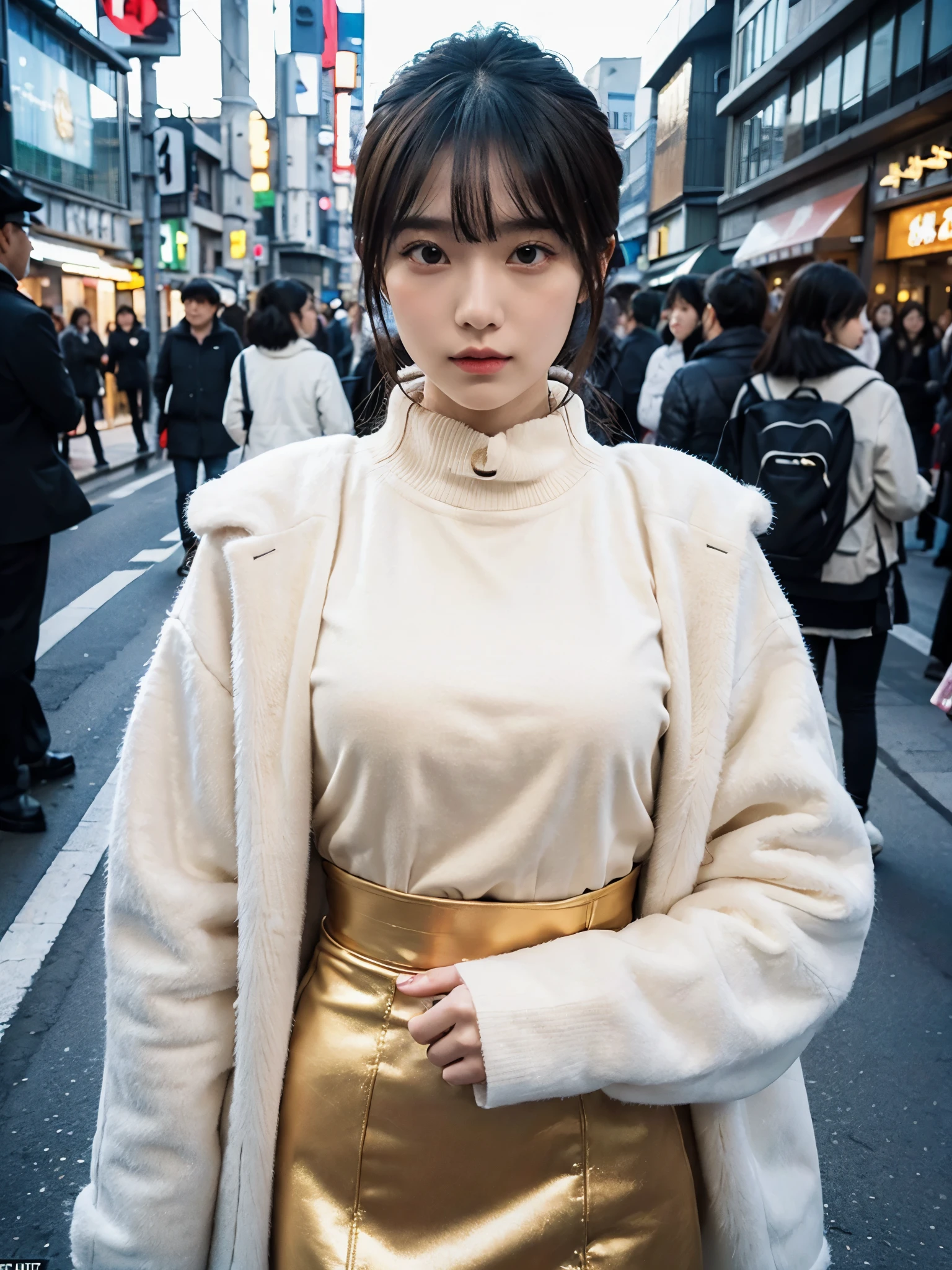 full body,// Bewitching eyes, well-balanced eyes, //street snap //wearing fur coat and gold long skirt, //breast focus, ((facing viewer)), //at the street in tokyo, //japanese lady, pale skin, half updo,//droopy eyes,//yellow hair, blunt bangs,//((standing)), high quality:1.3, Professional lighting:2.0 realistic:1.2, 4k resolution, detailed skin, masterpiece:1.1