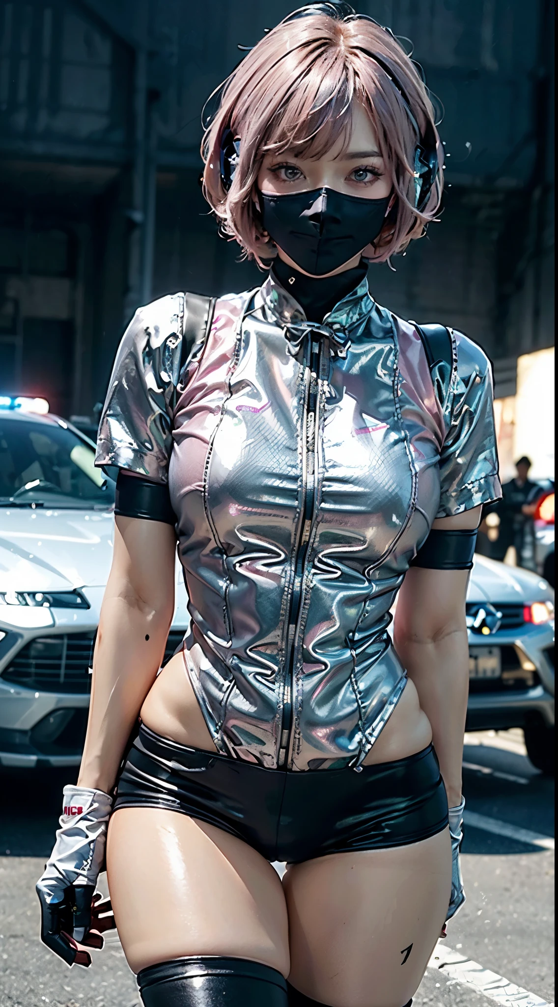 Top Quality, Ultra High Definition, (backlight), (Photorealistic: 1.4), (cowboy shot:1), 1 Beautiful Girl, (Kpop Idol), Detailed Face, (Hair Style: Pink:1, fullbang, shortbob-style:1), Contrapposto, Perfect Anatomy, , Professional Lighting, ((wearing Futuristic Police Racing Suits, police wappen, High-tech Headset, military harness, racing gloves, handgun)), outside honey bob hairstyle, ("POLICE", Cloths colors based on silver pink black white), (background, crashed cars, fire, (Explosion)),