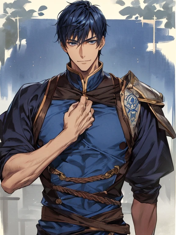 ((muste piece)), ((best quality)), ((brown skin)), ((dark blue eyes)), ((Dark blue hair))、handsome man , ((very very short hair)), masculine、tall、sexy、Adult man、Three white eyes、handsome man、firmly、muscular、broad shoulders、smile、wild、とてもwild、(((warrior)))、Upper body、Daiki Aomine