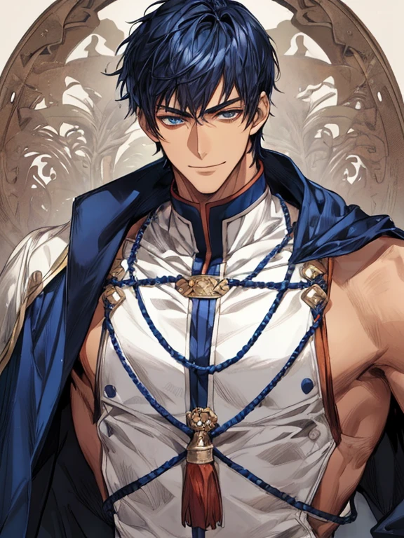 ((muste piece)), ((best quality)), ((brown skin)), ((dark blue eyes)), ((Dark blue hair))、handsome man , ((very very short hair)), masculine、tall、sexy、Adult man、Three white eyes、handsome man、firmly、muscular、broad shoulders、smile、wild、とてもwild、(((warrior)))、Upper body、Daiki Aomine