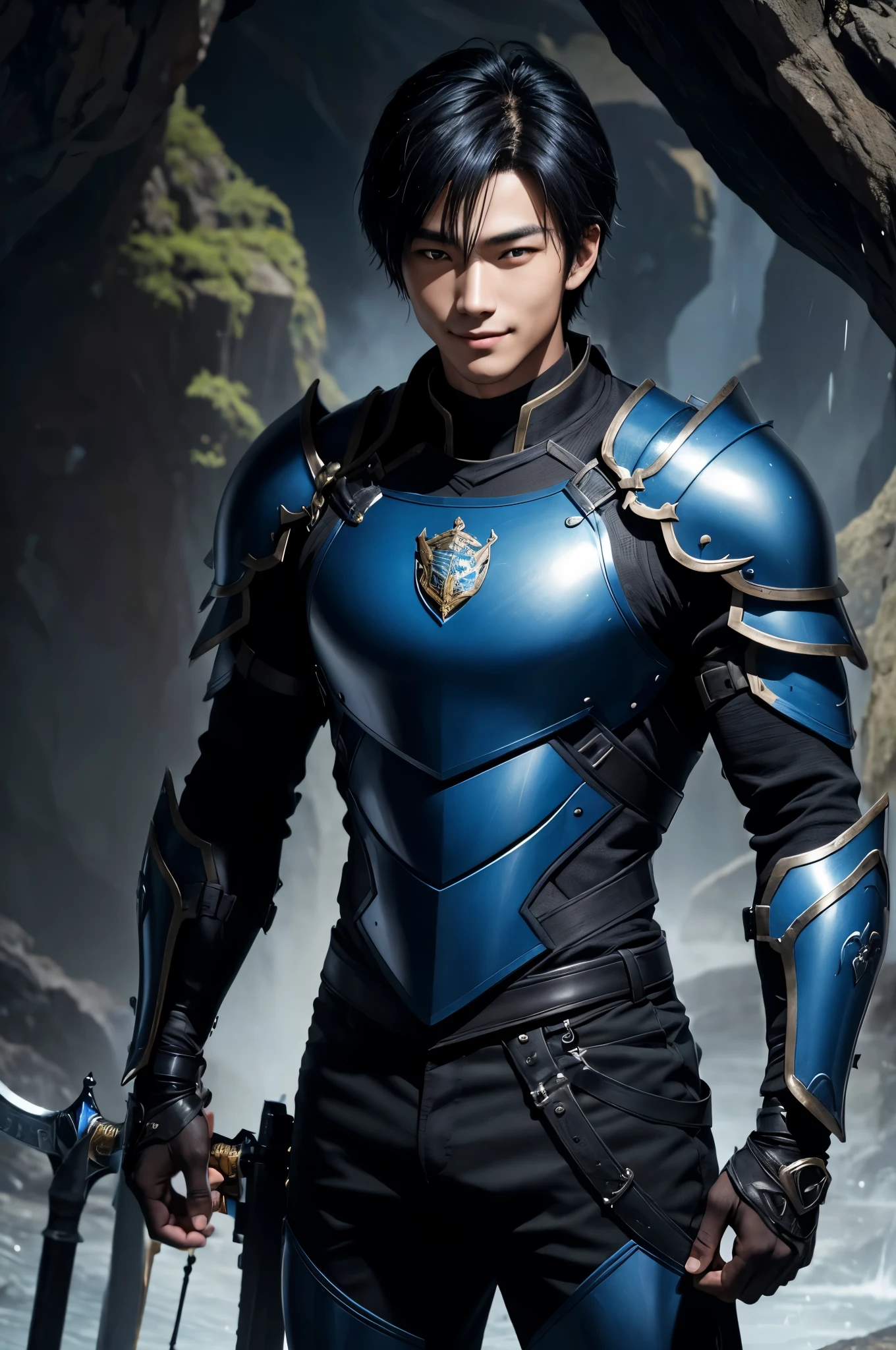 top-quality, 8K, ultra-detailliert, Top image quality, Fate, Lancer, One Man, Elaborate facial features, Wearing blue clothes, Blue shorthair, Hanging bangs, Holding a spear, Upper body, The silver shoulder rest is shining..