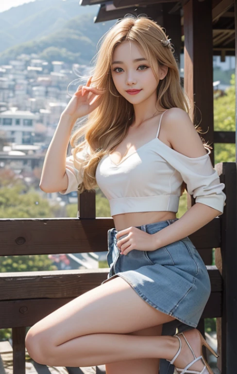 highest quality、masterpiece、ultra high resolution、Photoreal、RAW photo、1 girl、sexy look、shoulder hair、The lower half is curled and sauvage、cute smile like a model、frontage、Hair color is blonde、Tight mini skirt in yellow、Ordinary high heels、eyes are double、wear mascara、Cute pose like a model、cute face、Gorgeous like a model、ultimate beauty、cute smile、bright smile、Masseter muscle part、highest quality、Clothes suitable for winter、trendy down jacket、The scenery in the background is Dazaifu Tenmangu Shrine...、japanese new year&#39;Visit、draw a fortune、There are many worshipers、very cute sexy girl、