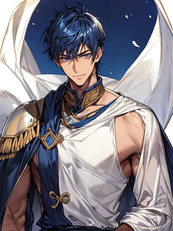 ((muste piece)), ((best quality)), ((brown skin)), ((dark blue eyes)), ((Dark blue hair))、handsome man , ((very very short hair)), masculine、tall、sexy、Adult man、Three white eyes、handsome man、firmly、muscular、broad shoulders、smile、wild、とてもwild、(((warrior)))、Upper body、Daiki Aomine