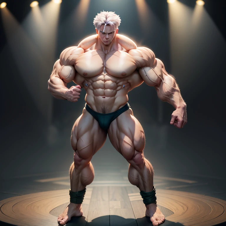 Anime, High quality full body image of Trunks as a bodybuilder in a tight thong, ohne Schuhe, Feet, bare Feet, massive muscular body, huge muscular shoulders, Massive big biceps, Venen im Bizeps, Muskelbeine, massive muscular abs, Bizepsflex. posierend, er schwitzt, very muscular, The toned body shines in the spotlight, She stands on a stage and presents his body, a lot of muscular