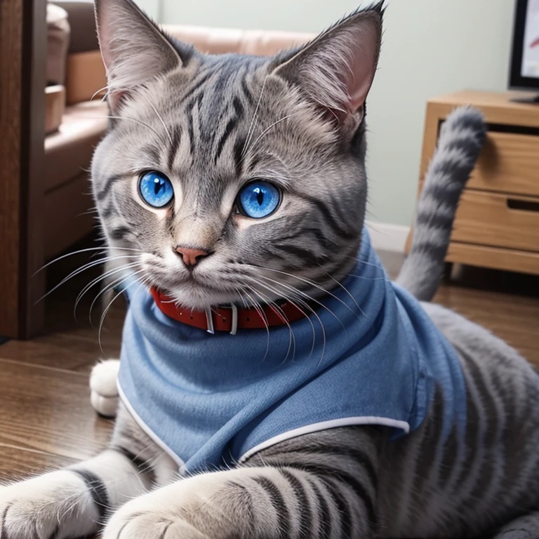 cute cat on gray、blue eyes、red collar