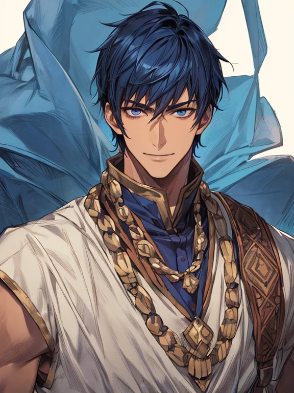 ((muste piece)), ((best quality)), ((brown skin)), ((dark blue eyes)), ((Dark blue hair))、handsome man , ((very very short hair)), masculine、tall、sexy、Adult man、Three white eyes、handsome man、firmly、muscular、broad shoulders、smile、wild、とてもwild、(((warrior)))、Upper body、Daiki Aomine