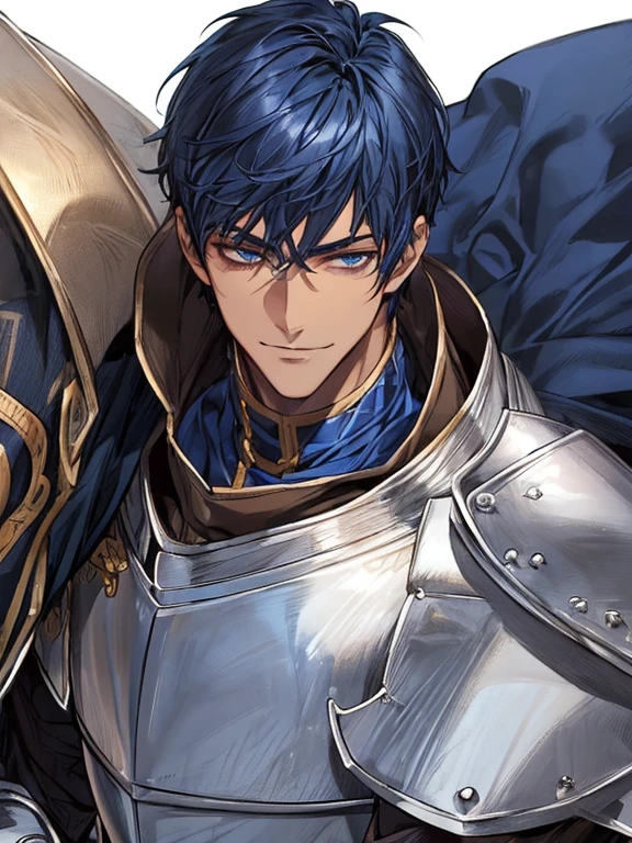 ((muste piece)), ((best quality)), ((brown skin)), ((dark blue eyes)), ((Dark blue hair))、handsome man , ((very very short hair)), masculine、tall、sexy、Adult man、Three white eyes、handsome man、firmly、muscular、broad shoulders、smile、wild、とてもwild、(((knight)))、Upper body、Daiki Aomine
