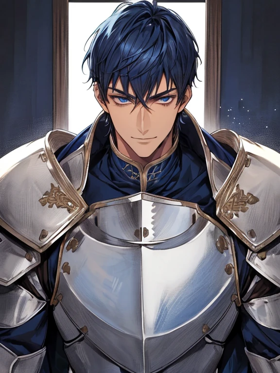 ((muste piece)), ((best quality)), ((brown skin)), ((dark blue eyes)), ((Dark blue hair))、handsome man , ((very very short hair)), masculine、tall、sexy、Adult man、Three white eyes、handsome man、firmly、muscular、broad shoulders、smile、wild、とてもwild、(((knight)))、Upper body、Daiki Aomine