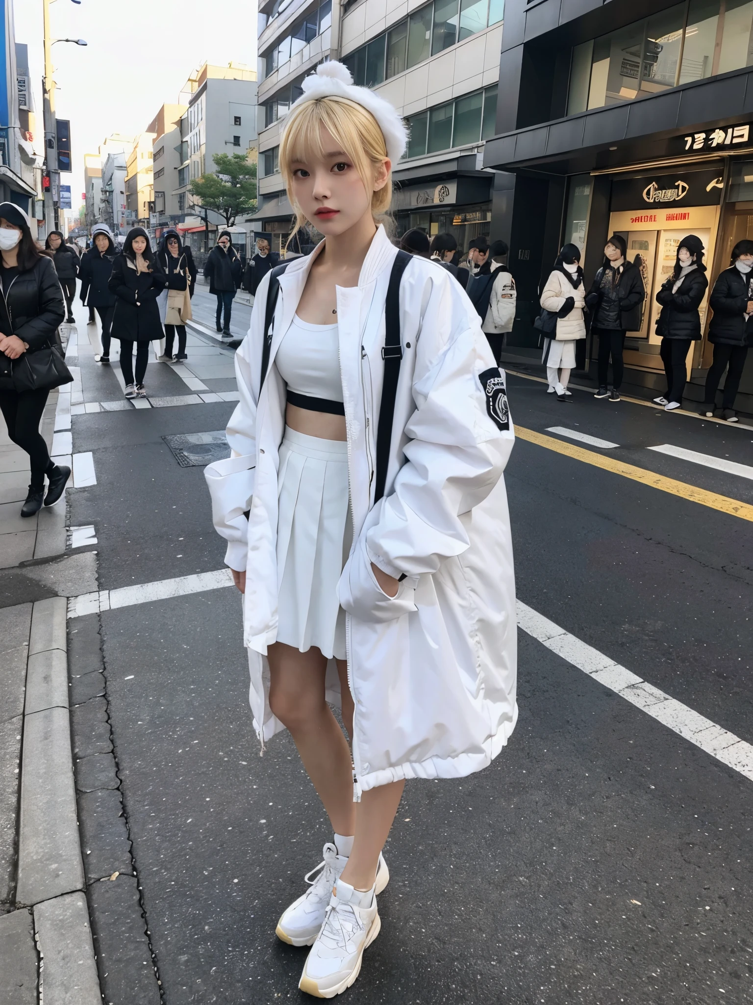 full body,// Bewitching eyes, well-balanced eyes, //street snap //wearing north face white Down-jacket and white long skirt and newyork cap, //breast focus, ((facing viewer)), //at the street in tokyo, //japanese lady, pale skin, half updo,//droopy eyes,//yellow hair, blunt bangs,//((standing)), high quality:1.3, Professional lighting:2.0 realistic:1.2, 4k resolution, detailed skin, masterpiece:1.1