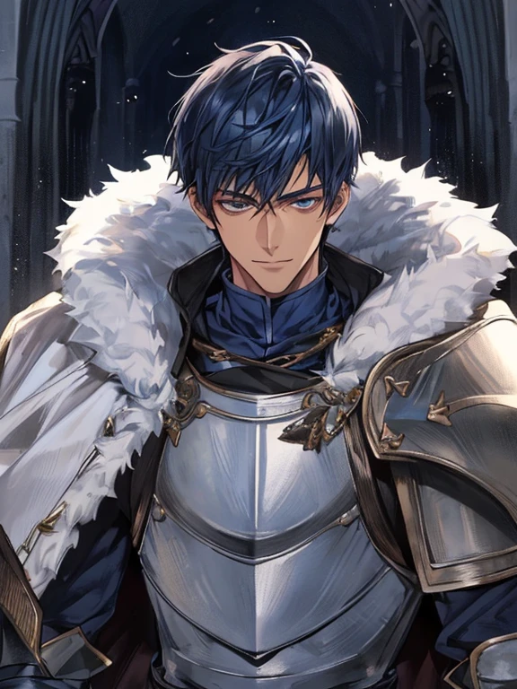 ((muste piece)), ((best quality)), ((brown skin)), ((dark blue eyes)), ((Dark blue hair))、handsome man , ((very very short hair)), masculine、tall、sexy、Adult man、Three white eyes、handsome man、firmly、muscular、broad shoulders、smile、wild、とてもwild、(((knight)))、Upper body、Daiki Aomine