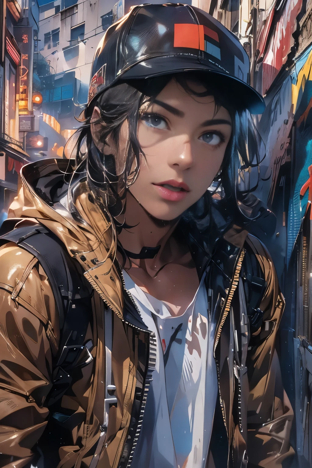 (best quality,4k,8k,highres,masterpiece:1.2),ultra-detailed,(realistic,photorealistic,photo-realistic:1.37),photography of a 20yo man, perfect face, backpack,muscular, handsome,dreads,Latino,cybernetics,leather jacket,baseball cap,black pants,dramatic lighting,vivid colors,urban background,cityscape,graffiti,street art,confident expression,sharp focus,contrast lighting,studious gaze,contemplative mood,signature pose,hidden tattoo,street fashion,candid shot,impressive detailing,high contrast,striking features,gritty atmosphere,funky style,edgy appearance,catchy composition,powerful presence,meticulous artwork fashion,unforgettable shot,remarkable character,convincing realism,attention-grabbing pose,strong facial structure,intense gaze