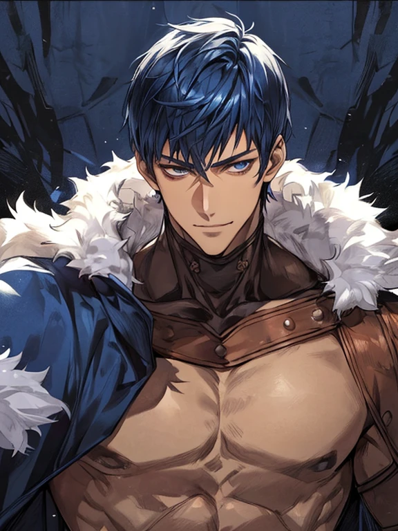((muste piece)), ((best quality)), ((brown skin)), ((dark blue eyes)), ((Dark blue hair))、handsome man , ((very very short hair)), masculine、tall、sexy、Adult man、Three white eyes、handsome man、firmly、muscular、broad shoulders、smile、wild、とてもwild、(((Brave))、Upper body、Daiki Aomine