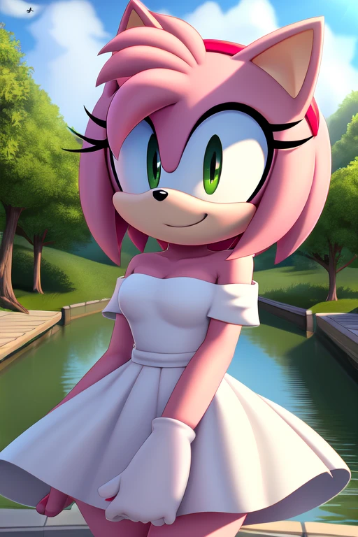 Amy Rose, Bare Shoulders, Strapless White Dress, White Lace Off-shoulder top, White Ruffle Off-the-Shoulder Top, White Maxi Skirt, Smile, close-up-view, intricate details, sharp focus, high resolution, the background of beautiful flower park with trees and canals, beautiful sunny day, 2D illustration, cartoon style, masterpiece, very high resolution.
