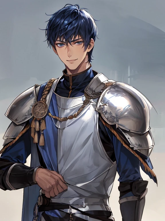 ((muste piece)), ((best quality)), ((brown skin)), ((dark blue eyes)), ((Dark blue hair))、handsome man , ((very very short hair)), masculine、tall、sexy、Adult man、Three white eyes、handsome man、firmly、muscular、broad shoulders、smile、wild、とてもwild、(((knight))、Upper body、Daiki Aomine