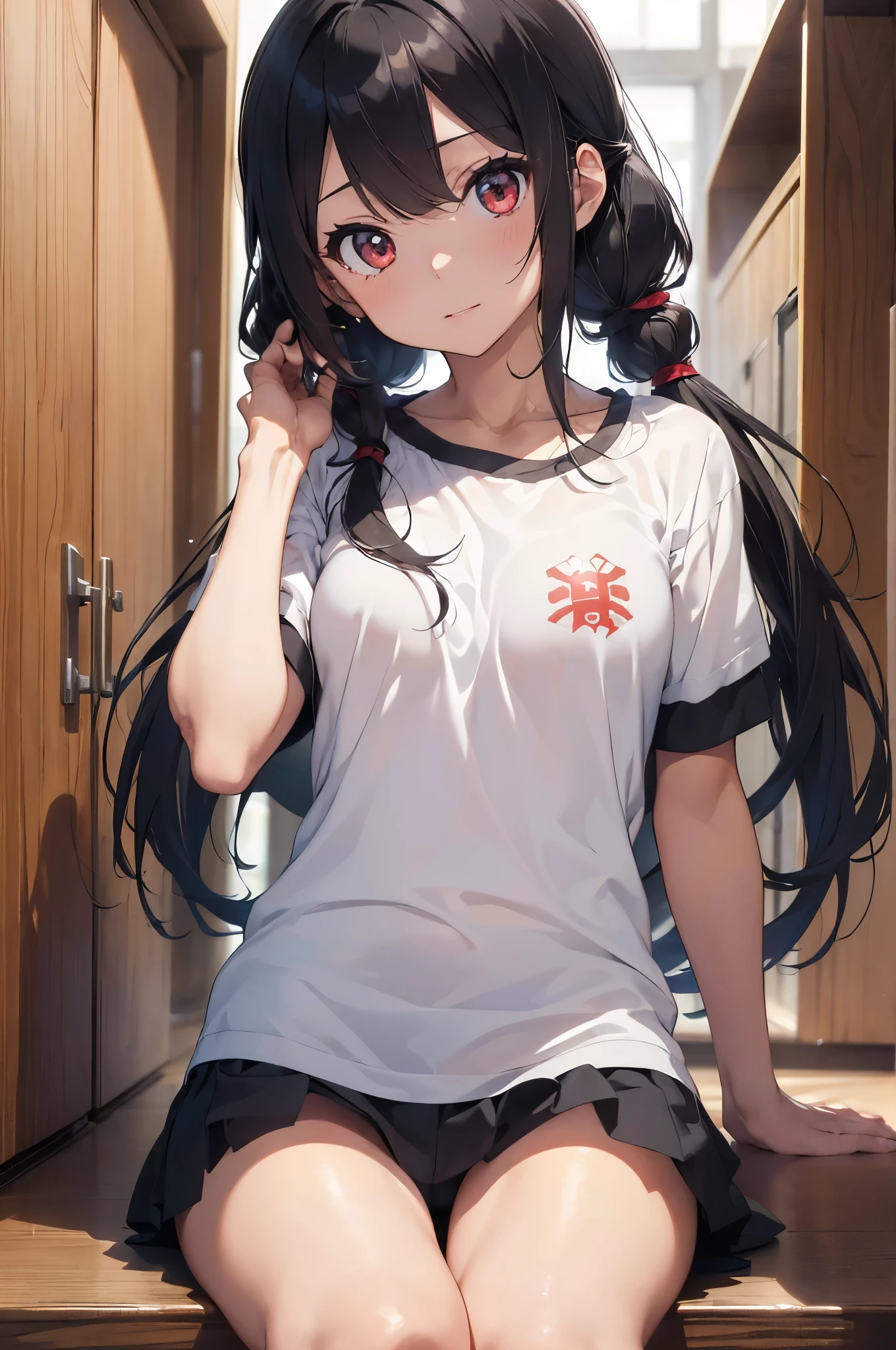 (masterpiece Best Quality, absurderes, Perfect Anatomy, Unity 8k Wallpapers,best anime), Detailed beautiful face and eyes,(1woman,solo),15歳の美少女、日本人、black hair,low twintails,red eyes,(白色のクロップTシャツ:1.4、ライトグレーのショートパンツ:1.4)、((小さい頭:1.3,skinny,slender body,medium breasts))、寝室、