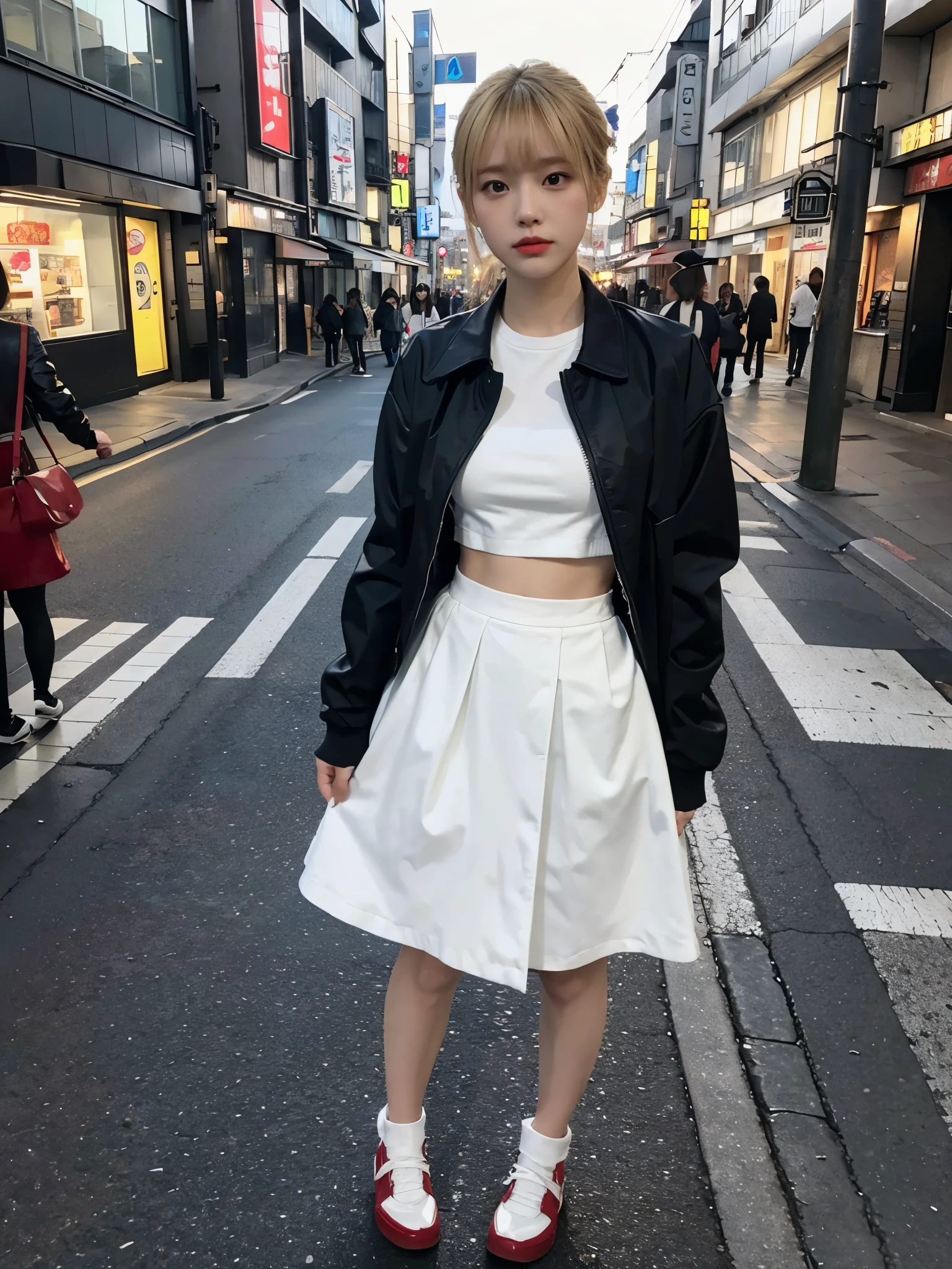 full body,// Bewitching eyes, well-balanced eyes, //street snap //wearing riders jacket and white long skirt and red bag //breast focus, ((facing viewer)), //at the street in tokyo, //japanese lady, pale skin, half updo,//droopy eyes,//yellow hair, blunt bangs,//((standing)), high quality:1.3, Professional lighting:2.0 realistic:1.2, 4k resolution, detailed skin, masterpiece:1.1