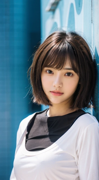 Zaid G, 1 girl, fine skin, looking at the viewer, brown eyes, (short hair with bangs:1.2),(Black Long Sleeve T-Shirt:1.3), (medium breasts:1.0), (medium breasts輪:0.8), Composition from the waist up, (realistic:1.4), (highest quality:1.0), (ultra high resolution:1.0), 8K, RAW photo, (masterpiece:0.2), (Pueros face_v1:0.5), powder room background
