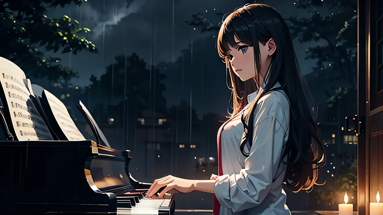 Beautiful girl playing the piano under the rainy night sky