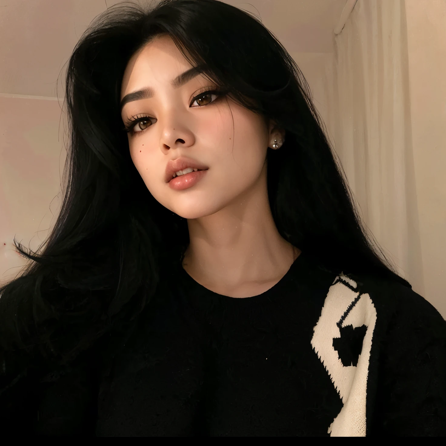 um close up de uma mulher com longos cabelos pretos e cabelos sardados, Ela tem cabelo preto com franja, preto hime corte cabelo, Asian face, Beautiful Asian girl, detailed face of a asian girl, asian features, young cute wan asian face, cabelo arrumado com franja, com franja, Asian girl, franja preta, cabelo preto longo com franja, com franja completa
