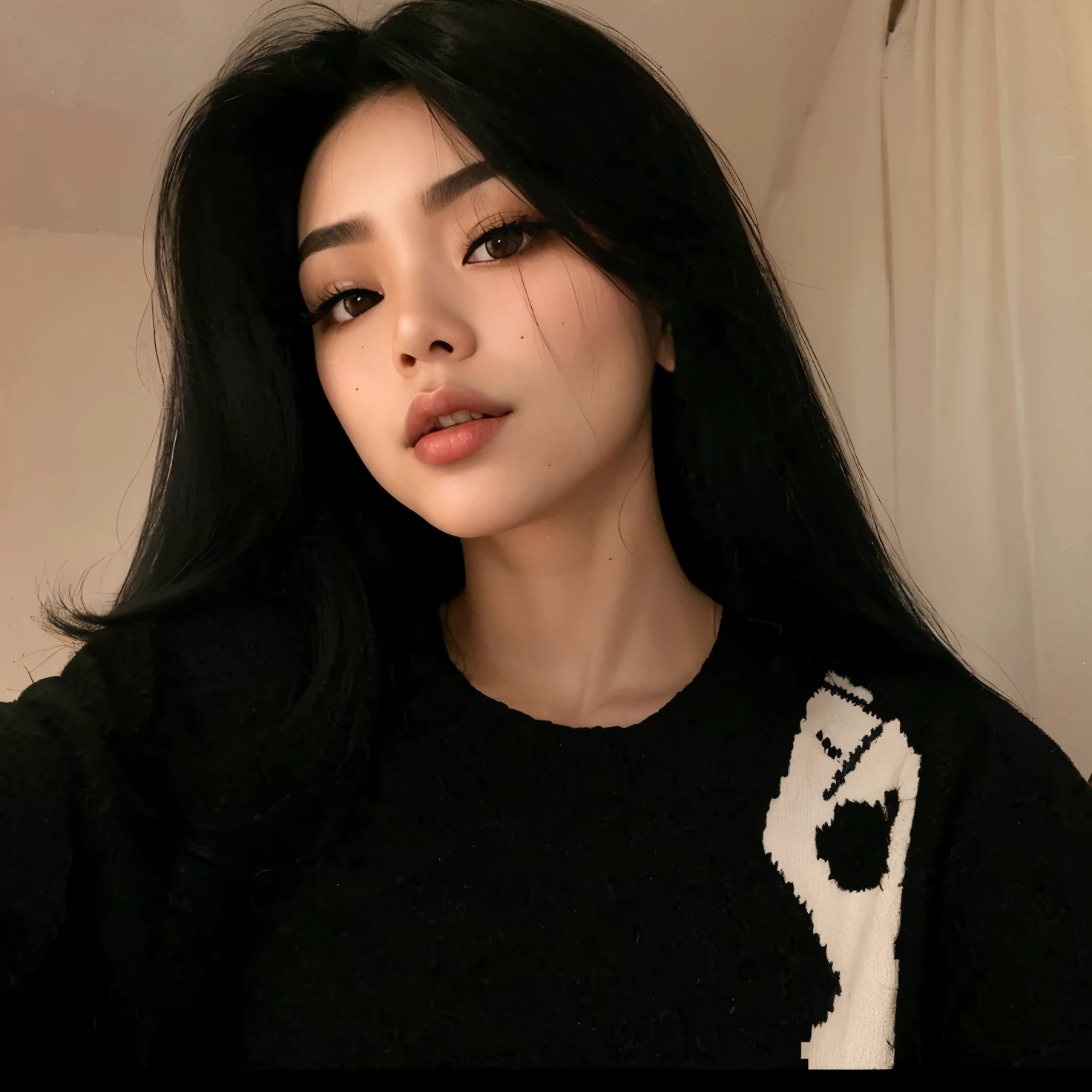 um close up de uma mulher com longos cabelos pretos e cabelos sardados, Ela tem cabelo preto com franja, preto hime corte cabelo, Asian face, Beautiful Asian girl, detailed face of a asian girl, asian features, young cute wan asian face, cabelo arrumado com franja, com franja, Asian girl, franja preta, cabelo preto longo com franja, com franja completa