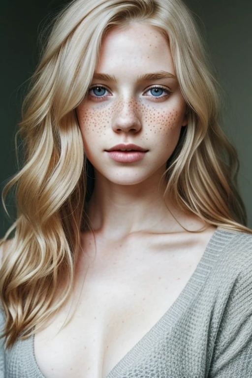 1girl in, age19, Solo, Aesthetic artwork, irish, wavy strawberry blonde hair, shoulder length hair, gray eyes, light grey eyes, some small freckles, pale skin, runners body, (textured skin, skin pores:1.1), goosebumps, wearing a cardigan without anything underneath, no bra, exposed breasts, sexy pose