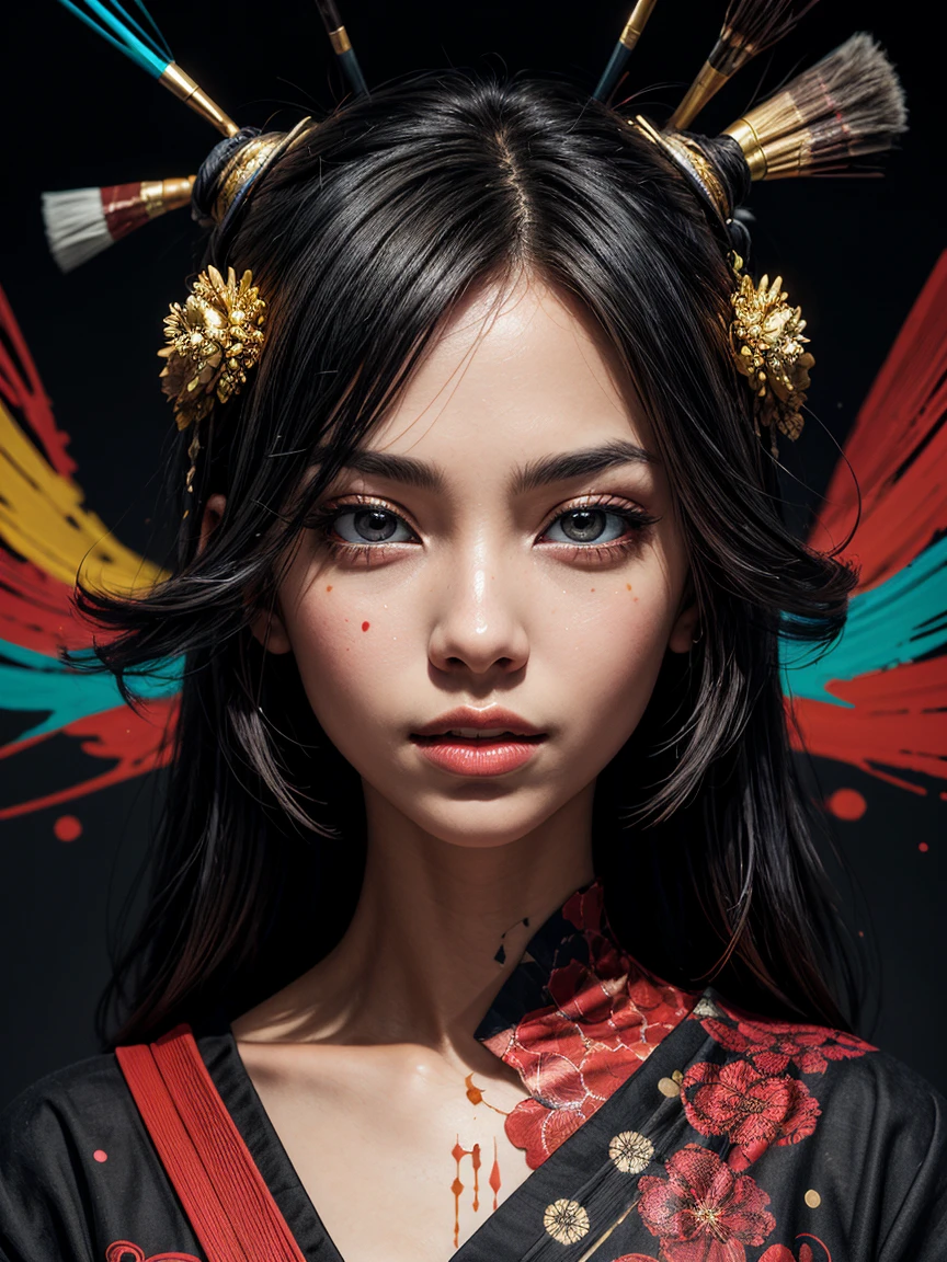Abstract art,polka dots,colorful background,Japanese girl,long black hair,playful expression,traditional kimono,feminine style,paintbrushes,paint splatters,bright colors,modern twist,creative composition,geometric shapes,vibrant patterns,striking contrast,unique artwork,intricate details,dynamic energy,brushstrokes,fluid lines,contemporary interpretation,fusion of cultures,eye-catching design,innovative concepts,expressive emotions,visual impact,layered textures,harmonious blend,dotted accents,futuristic elements,ethereal beauty,transcendent atmosphere,state-of-the-art technique,mesmerizing visual experience,dreamlike ambiance.