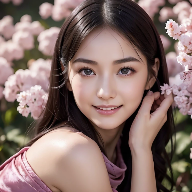 Beautiful portrait of a stunning goddess girl, Smile,Beautiful and delicate face, porcelain skin, full-body shot, center, super soft lighting, symmetry, complex, elegant, Very detailed, lifelike, art station, concept art, Smooth,A small coat with a short pink-purple shawl,It sets off her excellent figure even more,Pair it with a set of tender velvet knee-length skirts,A pair of black tall boots,The jet-black hair has natural undulating arcs hanging on the shoulders.。Clear and bright pupils,Crooked willow eyebrows,Long eyelashes fluttered slightly,Fair and flawless skin with a hint of reddish pink,Thin lips as delicate as rose petals。