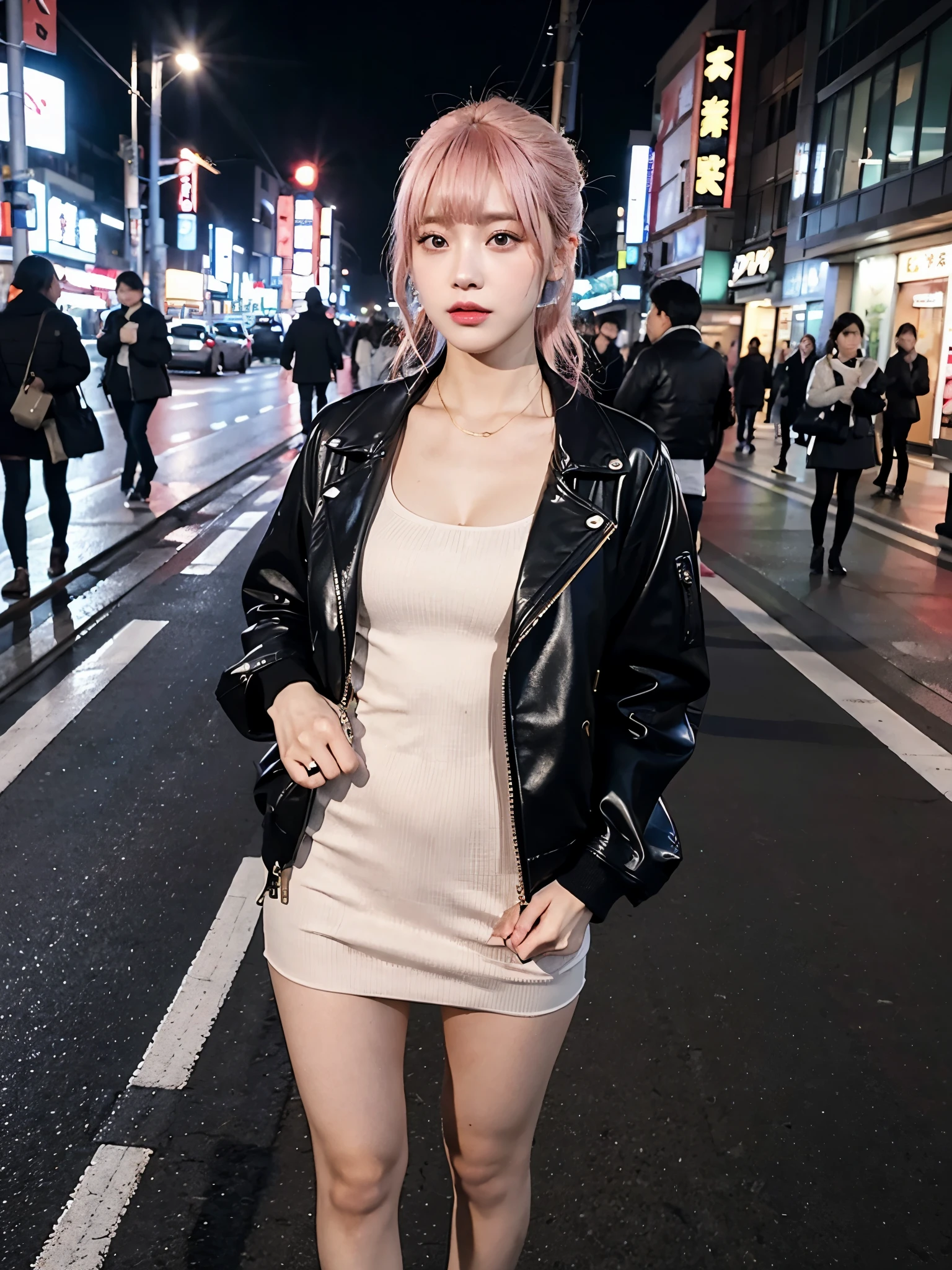 cleavage, full body,// Bewitching eyes, well-balanced eyes, //street snap //wearing black draped dress with baseball cap//breast focus, ((facing viewer)), //at the street in tokyo, //japanese lady, pale skin, pink hair//droopy eyes,//gold hair, blunt bangs,//((standing)), high quality:1.3, Professional lighting:2.0 realistic:1.2, 4k resolution, detailed skin, masterpiece:1.1
