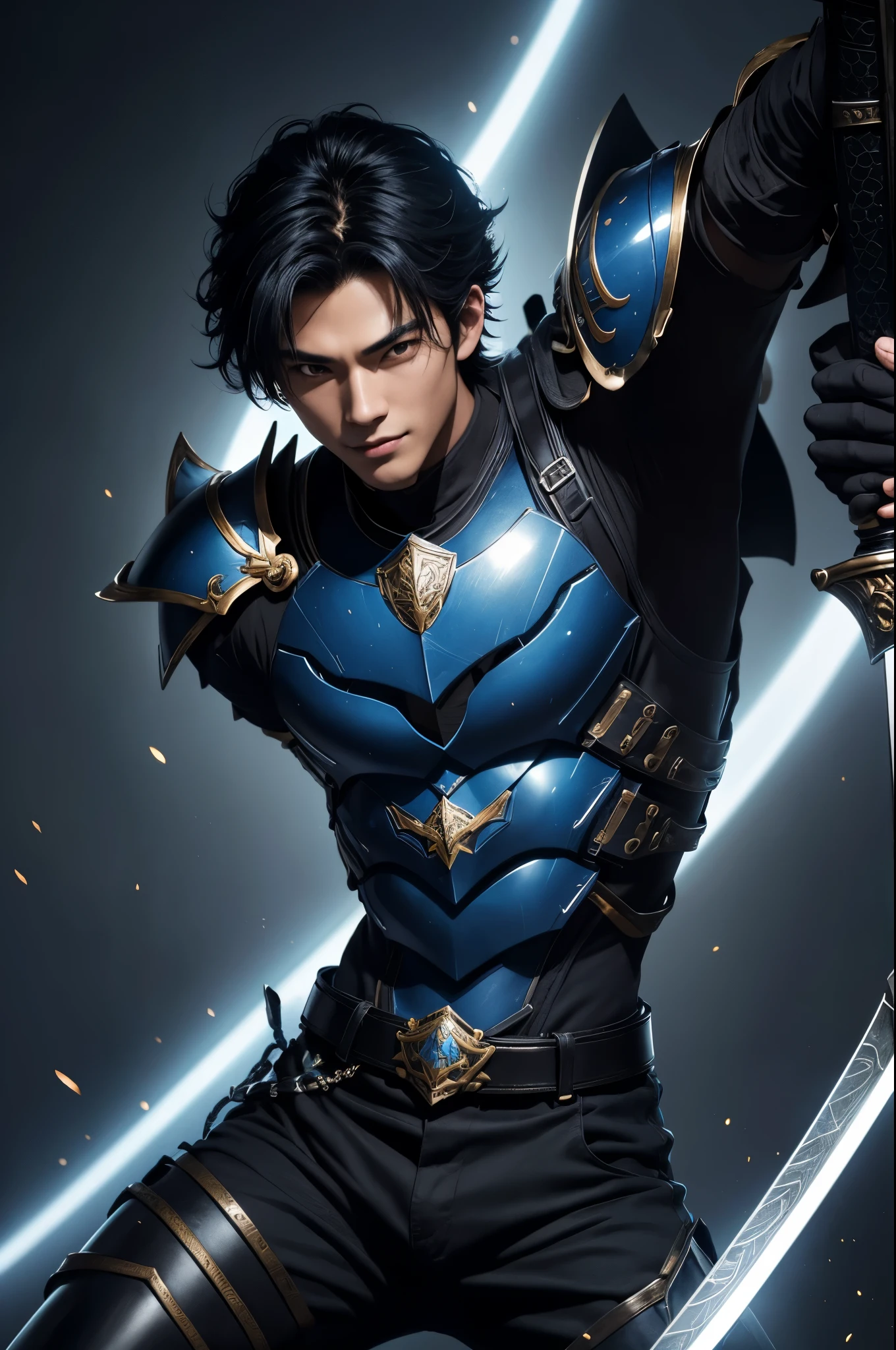 8K,black wolf hair boy,Japanese super handsome(like the real thing),wild boy,black and blue armor(Precise workmanship of the hero's emblem),luxury black and blue pants,blue and black shoulder armor,blue and black waist armor,blue and black leg armor,muscular slender body,ultra high resolution,super realistic skin,Handsome boy,18 year old boy,Big eyes,A boy who looks good with a smile,Magical power overflowing from the body,Luxury belts(Delicate workmanship),tanned skin,shout,battle scene,action scene,action pose,roar,Holds the long and large holy sword Excalibur.,